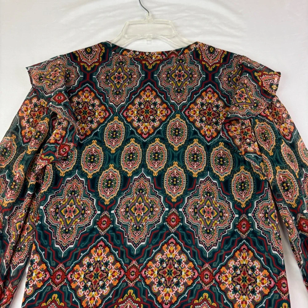 Loft M Petite Colorful Geometric Medallion Split Neck Blouse Boho Career Ruffle
